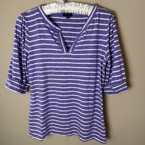 Talbots Split Neck Tee T Shirt Top Womens Small Purple White Stripe Elbow Sleeve
